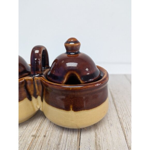 Vintage Brown Glazed Stoneware Double Condiment Sauce Pot With Lids Taiwan - Picture 2 of 10